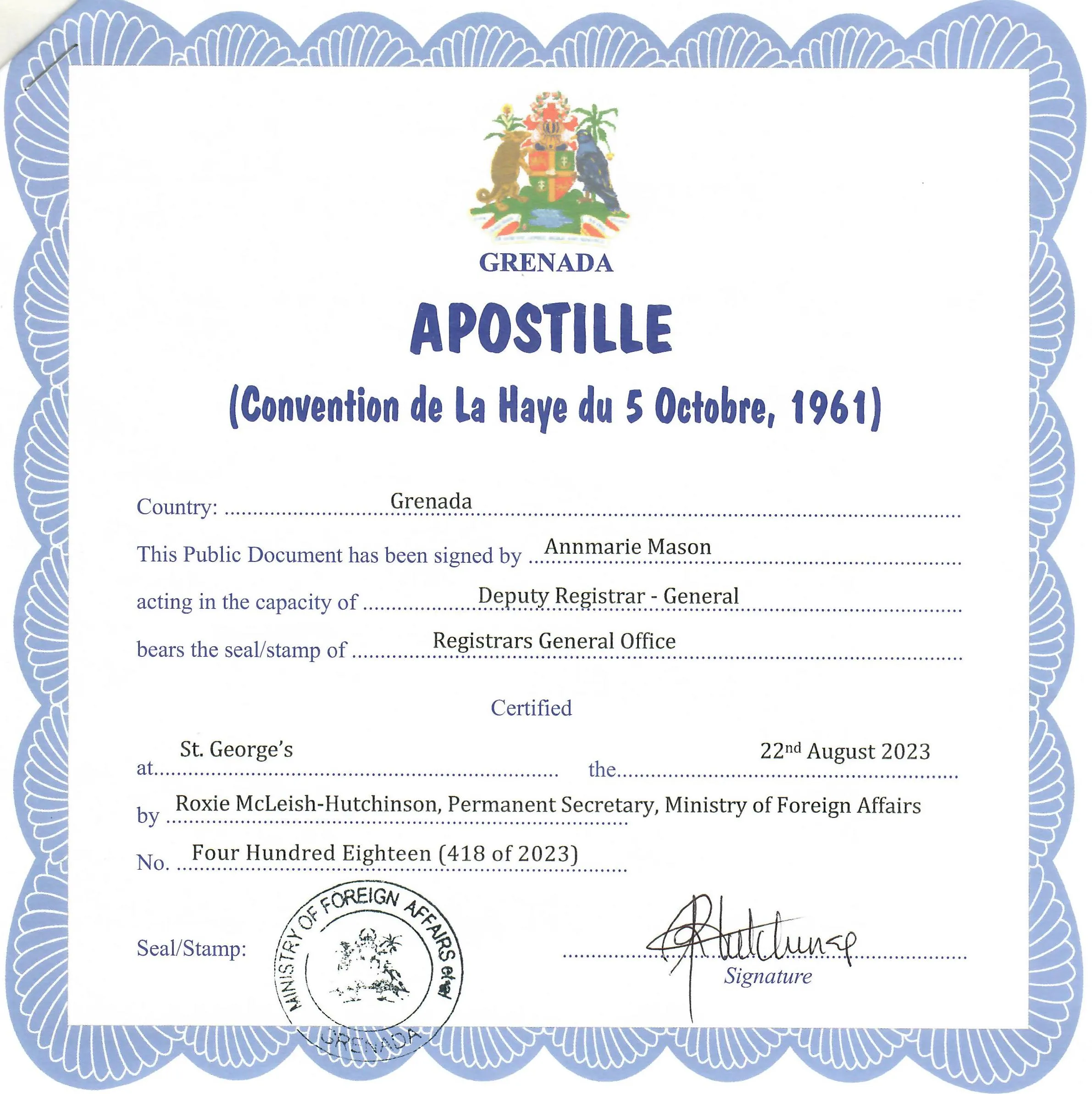 Apostille dalla Grenada Apostille dalla Grenada